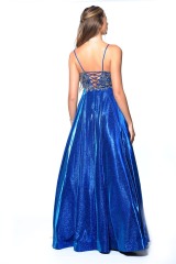 the back of a deep blue dress from our collection of boutique cocktail dresses
