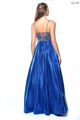 the back of a deep blue dress from our collection of elegant dresses for special occasions