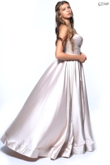 side profile of a off white satin dress, one of the nicest prom dresses in swansea